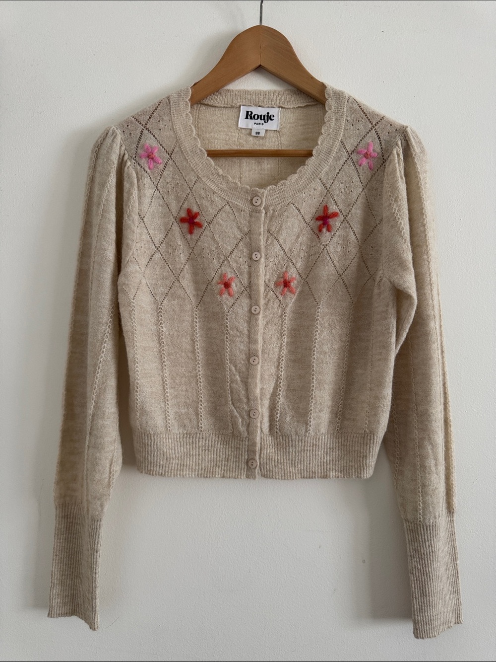 Rouje Beige Knit Cardigan with Pink and Red Floral Embroidery